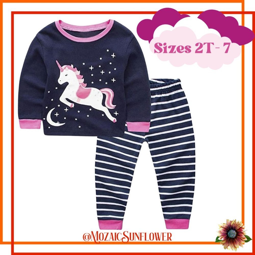 Cotton Girls 2 Piece Jogger Pant & Top Set Unicorn Blue, White & Bubblegum Pink